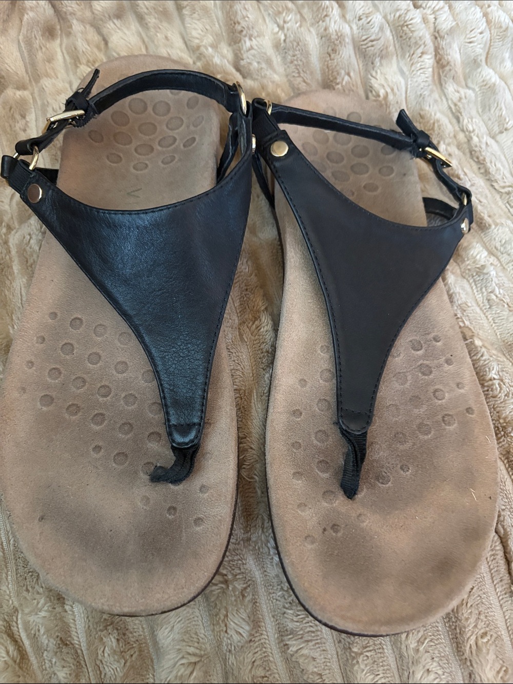 Vionic Black Leather T-Strap Sandals with Gold Hardware